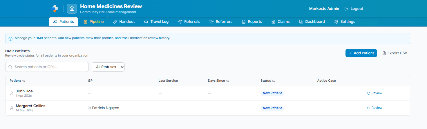 HMR Patients tab listing all HMR patients