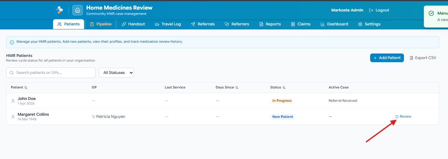 HMR Patients tab with Review button on a patient row