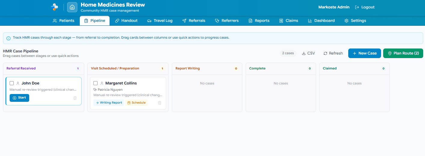 HMR pipeline Kanban board with stage columns