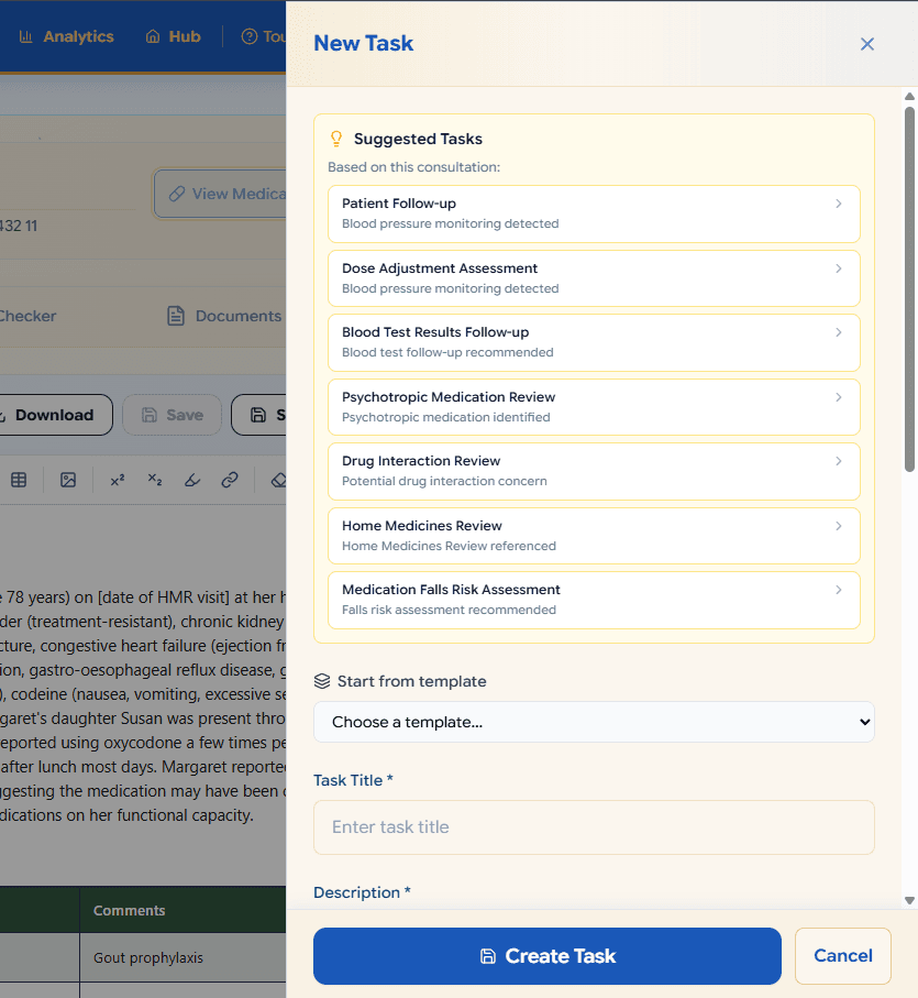 PharmCal task prompt after saving HMR report