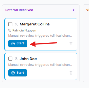 HMR case card with Start button for pre-interview preparation