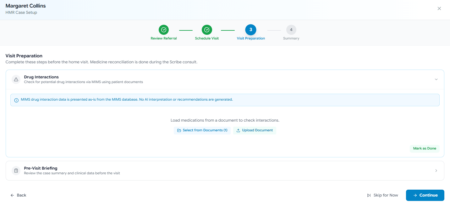 HMR visit prep showing referral form and MIMS drug interactions