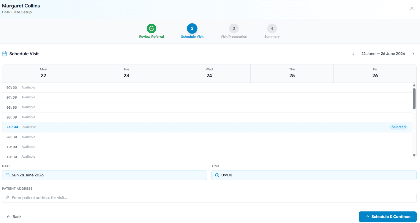 HMR schedule visit step with date and time fields