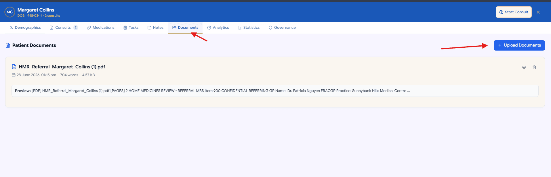 Patient Documents tab showing an uploaded HMR referral PDF with preview