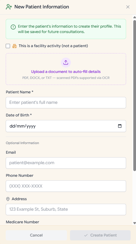 New Patient Information modal with demographics fields and document upload