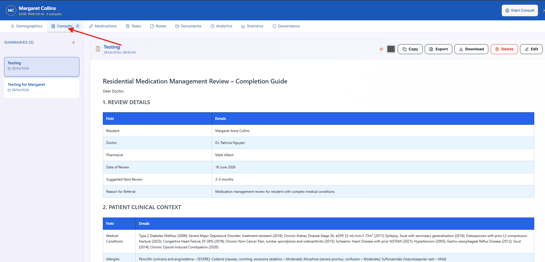 Consults tab with summary sidebar and open medication review report