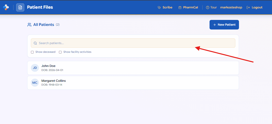 Patient Files list with search bar and patient cards