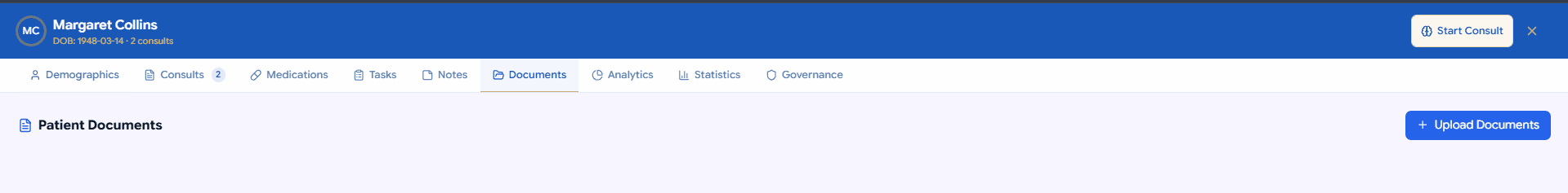 Patient record tab bar showing Demographics, Consults, Medications, Tasks, Notes, Documents, Analytics, Statistics and Governance