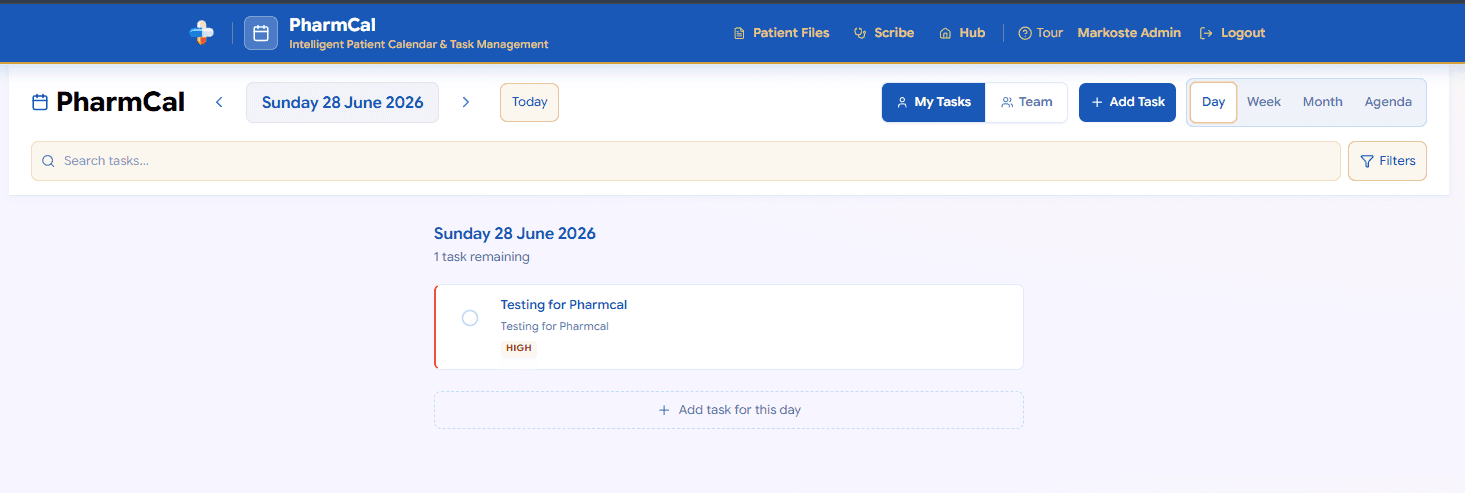 PharmCal daily view showing tasks for one day with urgency badges