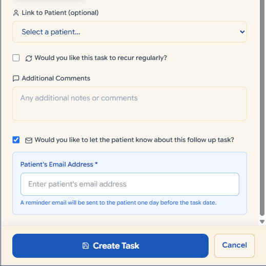 PharmCal patient notification checkbox and email address field