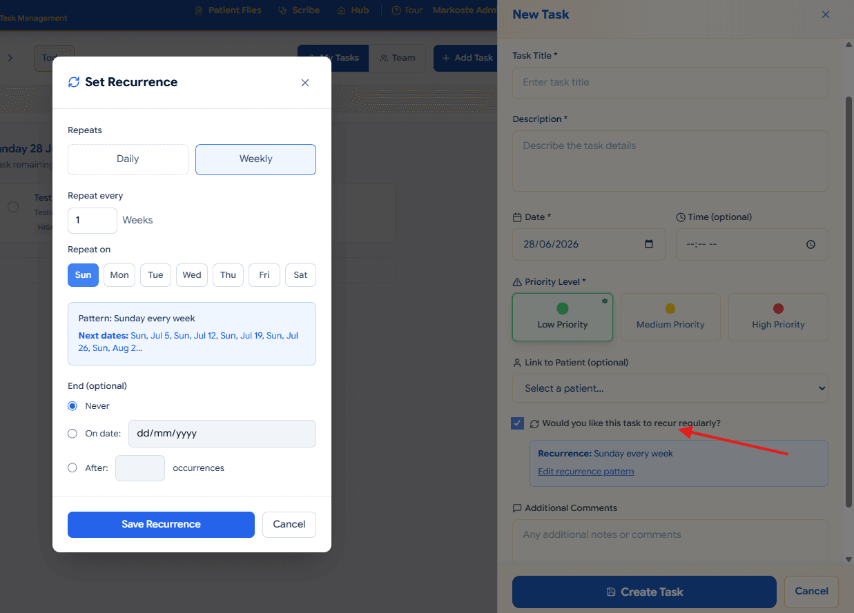 PharmCal recurrence popup with daily or weekly repeat options