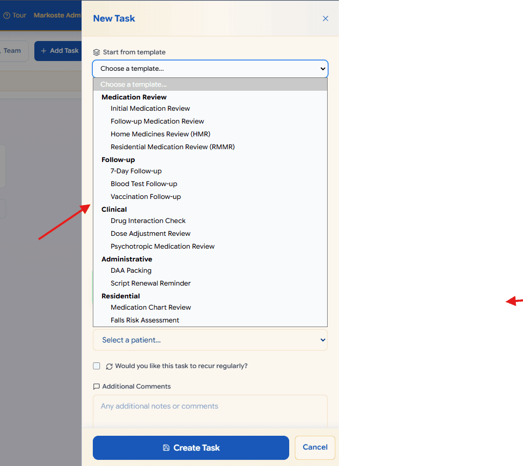 PharmCal template dropdown with medication review, follow-up, clinical and residential options