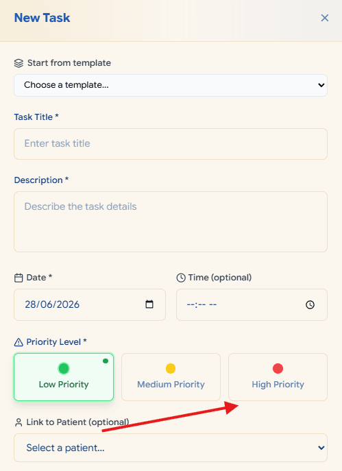 PharmCal priority buttons for low, medium and high priority