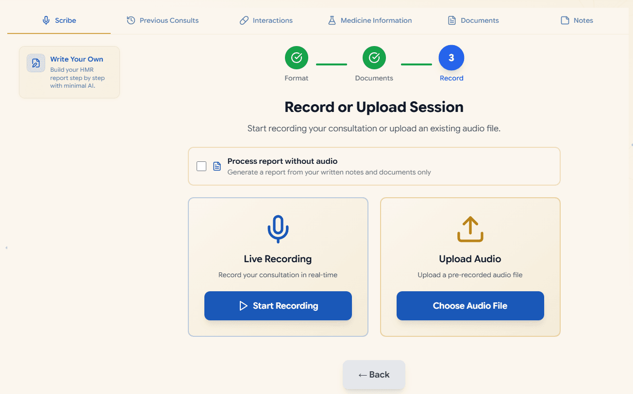 Scribe record and upload audio controls with process button
