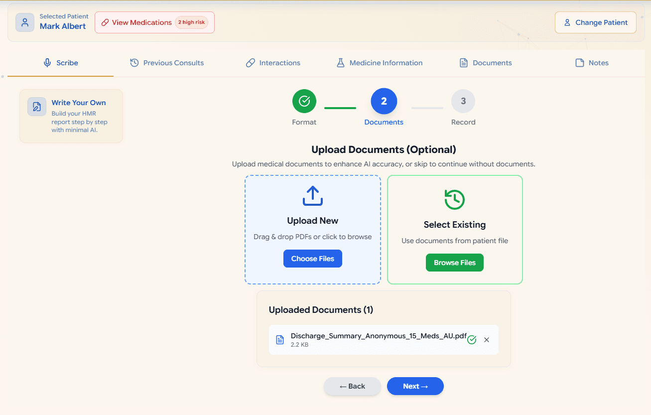 Scribe document upload area for referrals, discharge summaries and medication lists