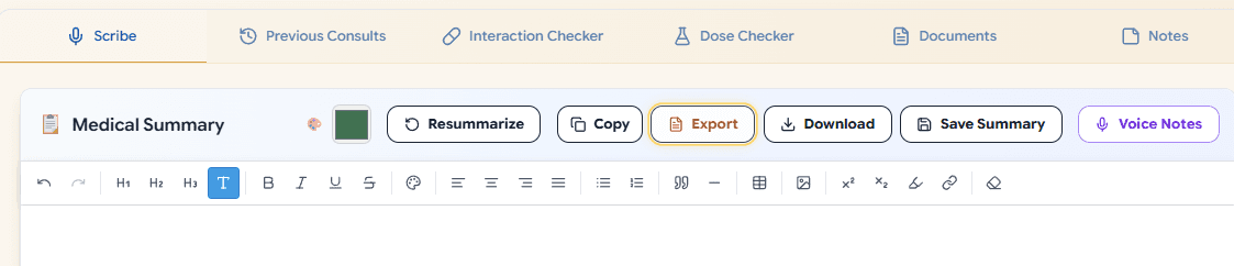 Scribe export menu with copy, PDF and Word options