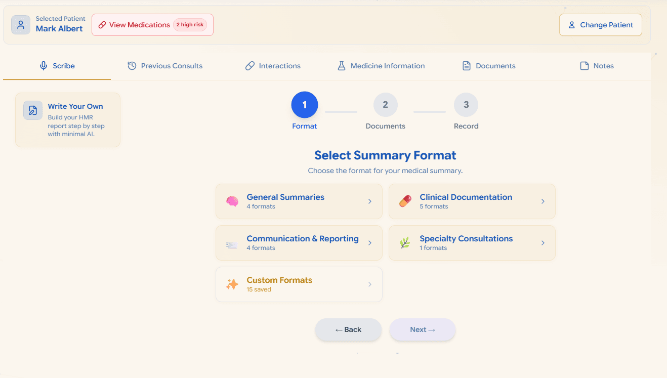 Scribe format selector showing concise, bullet point, SOAP and medication review options