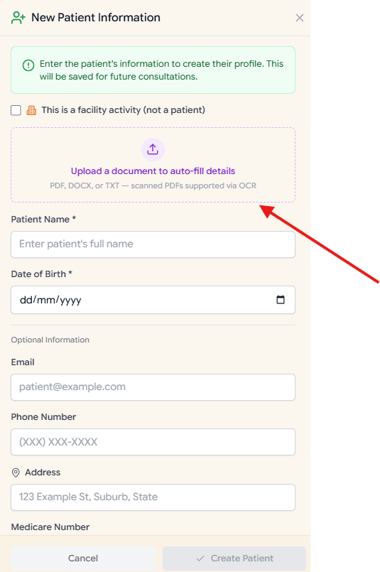 New patient creation modal with fields and document upload