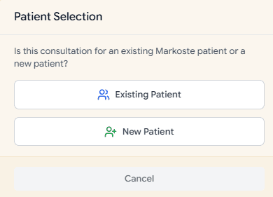 Patient Selection modal with Existing Patient and New Patient options