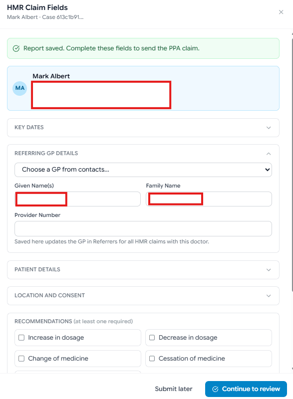 HMR PPA claim fields and send prompt after saving a report