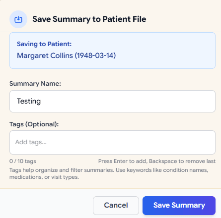 Scribe save summary dialog with report name and tags