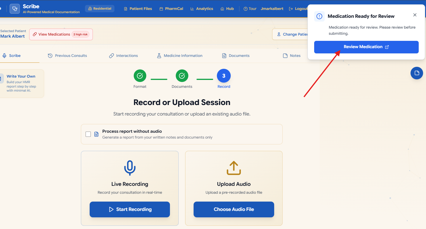 Scribe notification prompting review of medicines for interactions during recording
